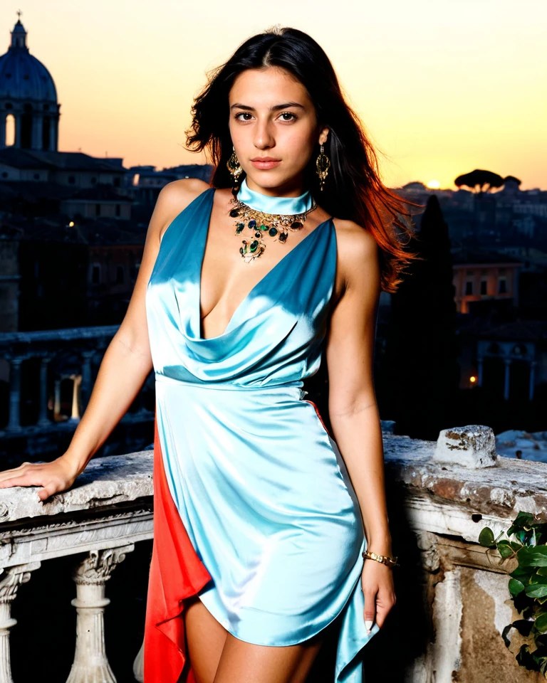 Sexy picture of Isabella, rome rooftop sunset, ancient ruins backdrop, editorial photography