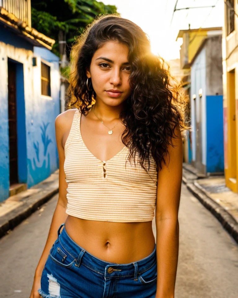 Sexy picture of Manu, rio street favela art golden hour, urban lifestyle editorial