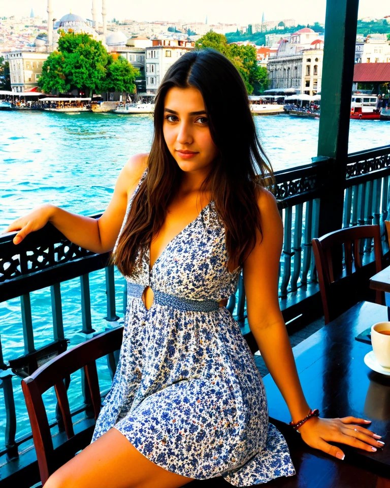 Sexy picture of Elif, istanbul karakoy cafe, bosphorus view, summer afternoon, lifestyle