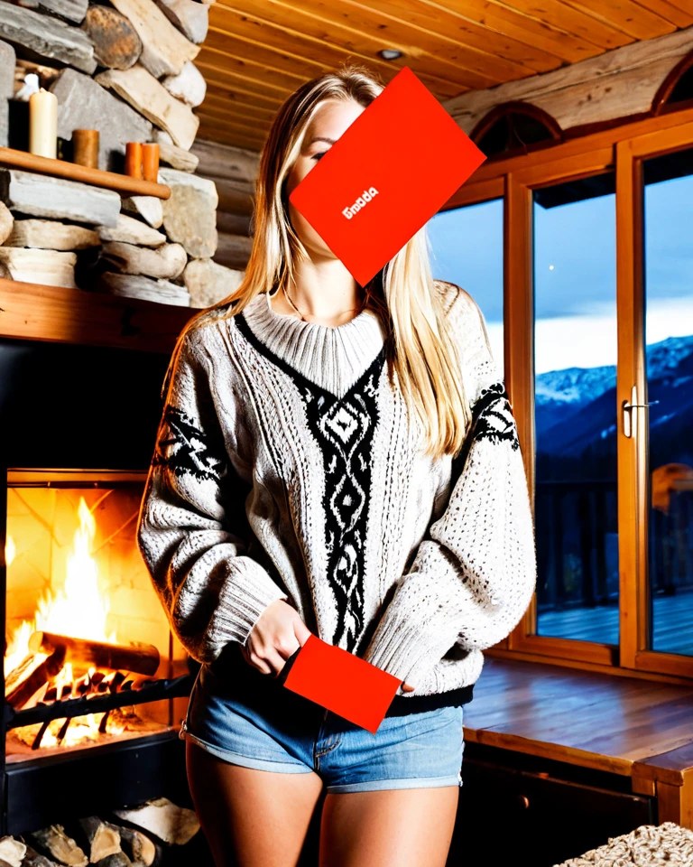Sexy picture of Anna, norway mountain cabin fireplace evening, warm light, lifestyle